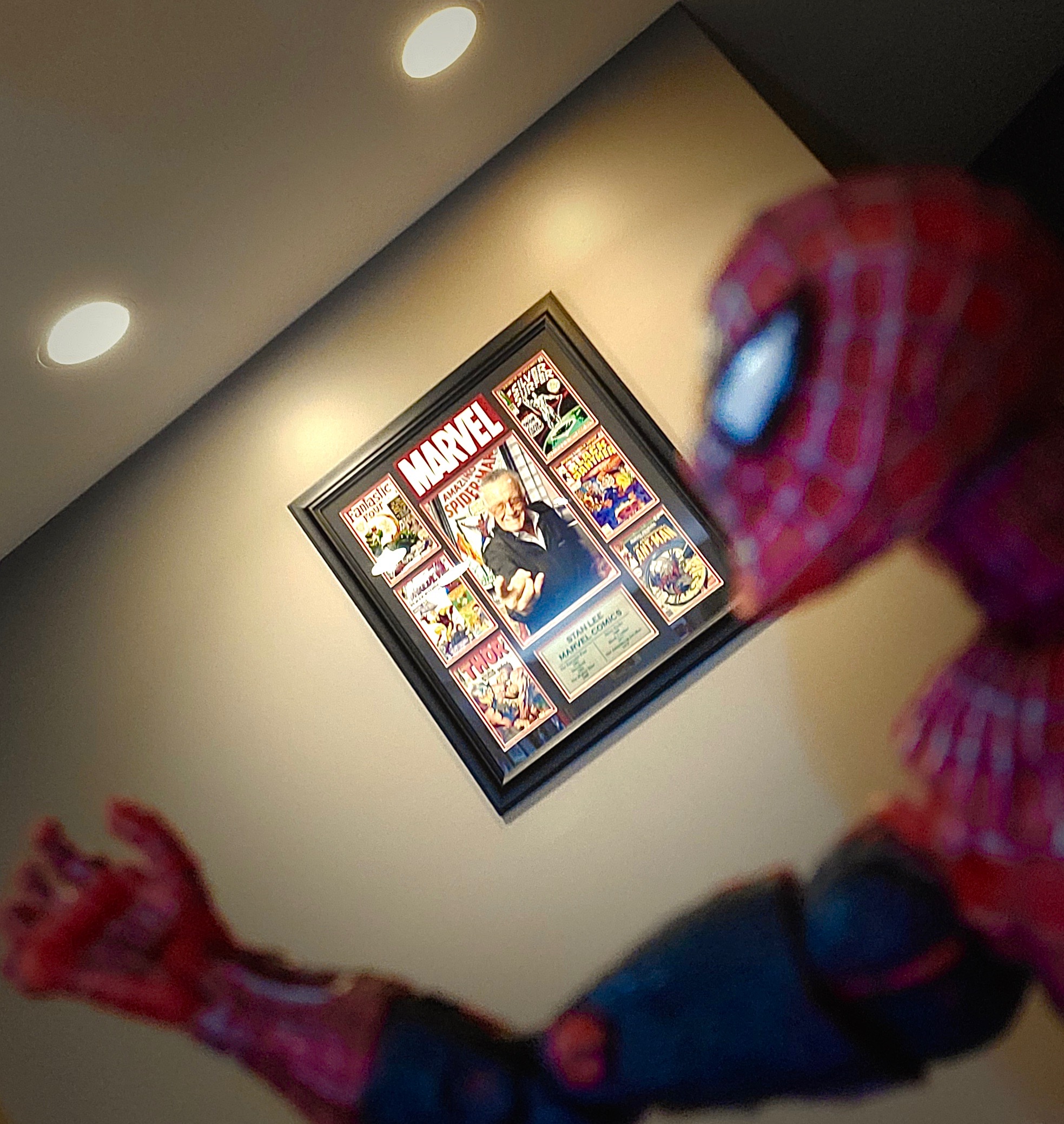 Spider-Man salutes his maker, Stan Lee.