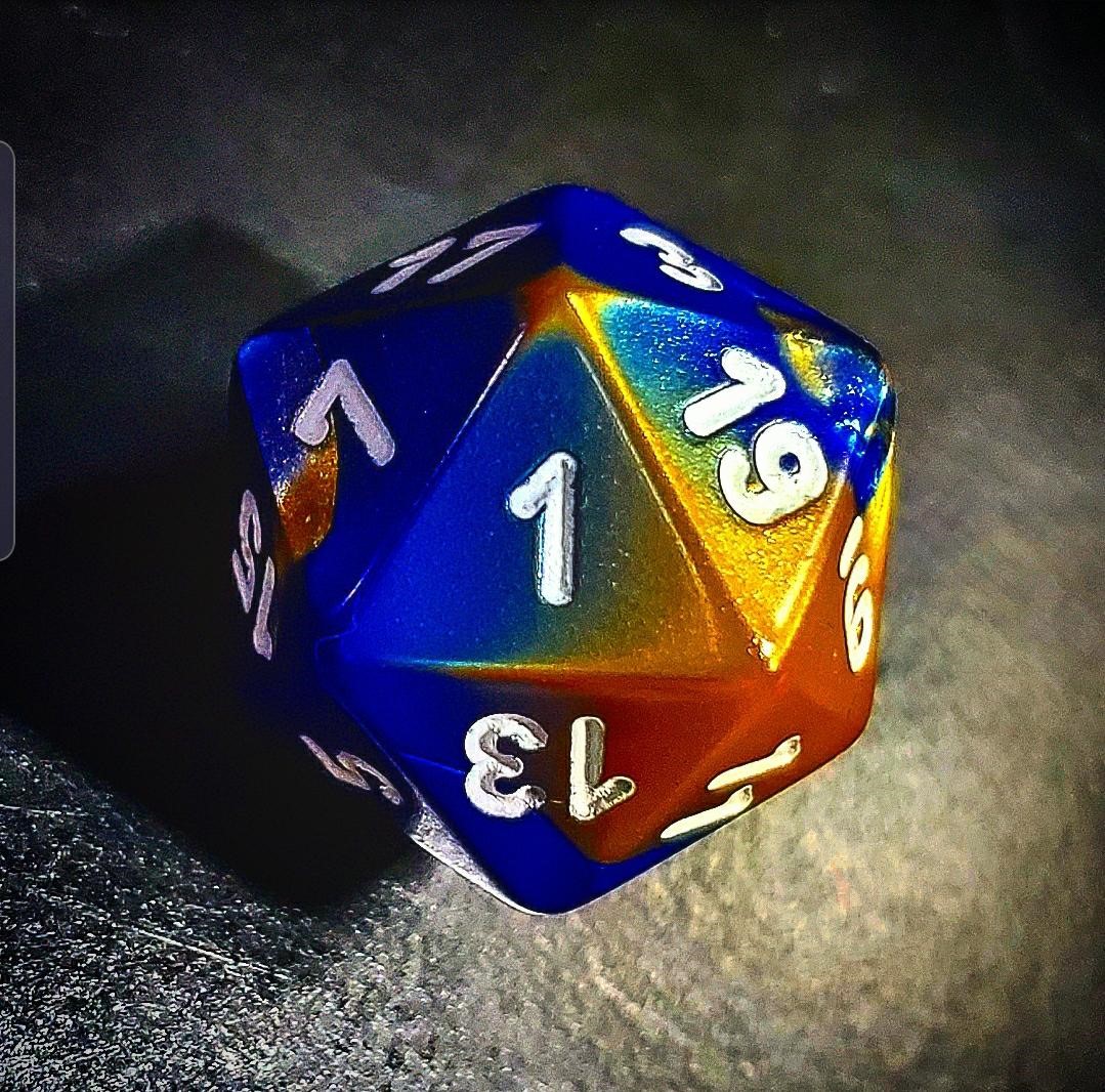 20 sided die, showing the number 1